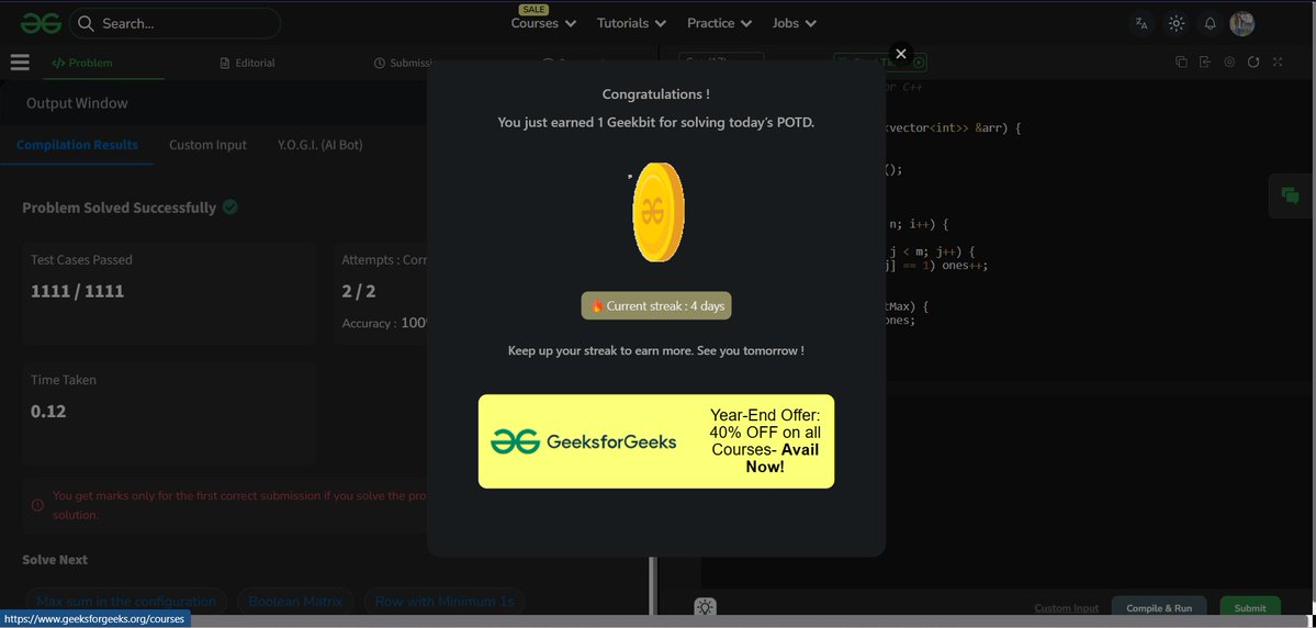 amansharma264's tweet image. 🎯 Solved GFG POTD – Row with Maximum 1s

🔍 Problem:
Given a binary matrix, find the index of the row with the maximum number of 1s. If multiple rows have the same maximum, return the smallest index.

🧠 Approach:
- Let n be the number of rows and m the number of columns.
-…