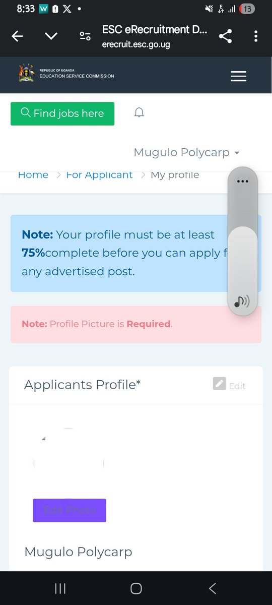 Mugulo_Polycarp's tweet photo. @ps_lukwago @BukenyaLillian  and @Esc_uganda  the profile picture function on the erecruit portal takes forever to upload a profile picture. Kindly alert the responsible team to work on it. Thank you. https://t.co/EahQsuq8HS