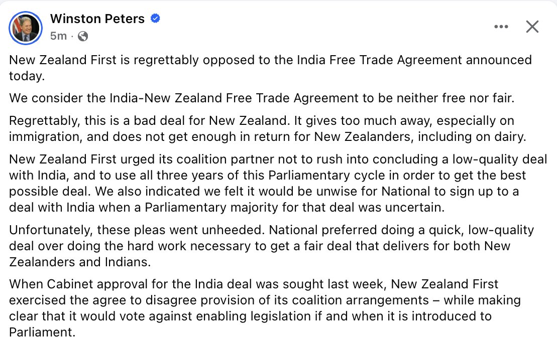 JonesVincentt's tweet image. Winston Peters has posted a long message on Facebook against the India FTA

Here's part of it.

It will require the support of an opposition party (which will likely be Labour) to confirm the FTA once the legislation is put forward to Parliament.
