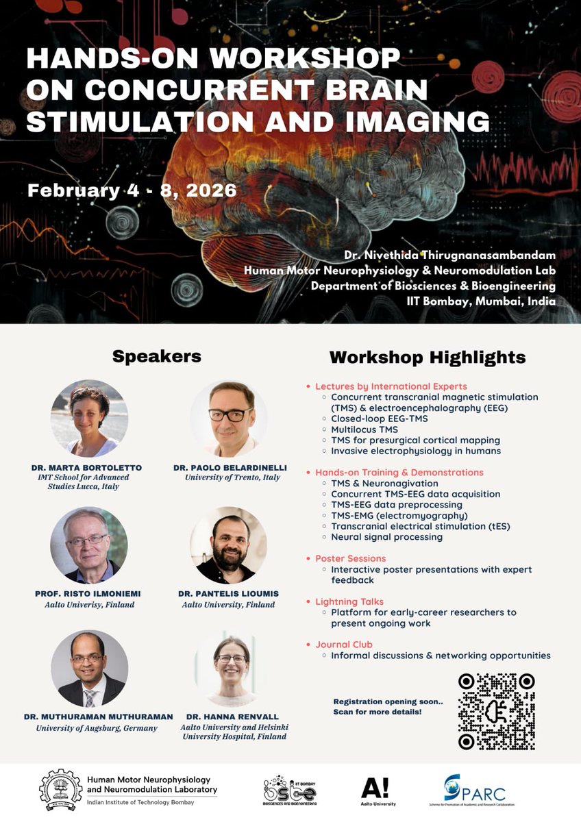 NivethidaT's tweet photo. Hands-on Workshop on Concurrent Brain Stimulation & Imaging
Join us at IIT Bombay, Feb 4–8, 2026 and learn from the best minds in the field!
Registration opening soon!
#TMS #EEG #Neurostimulation #BrainImaging #Neuroscience #Neuromodulation #IITBombay #SPARC https://t.co/cm0PMFKOdQ
