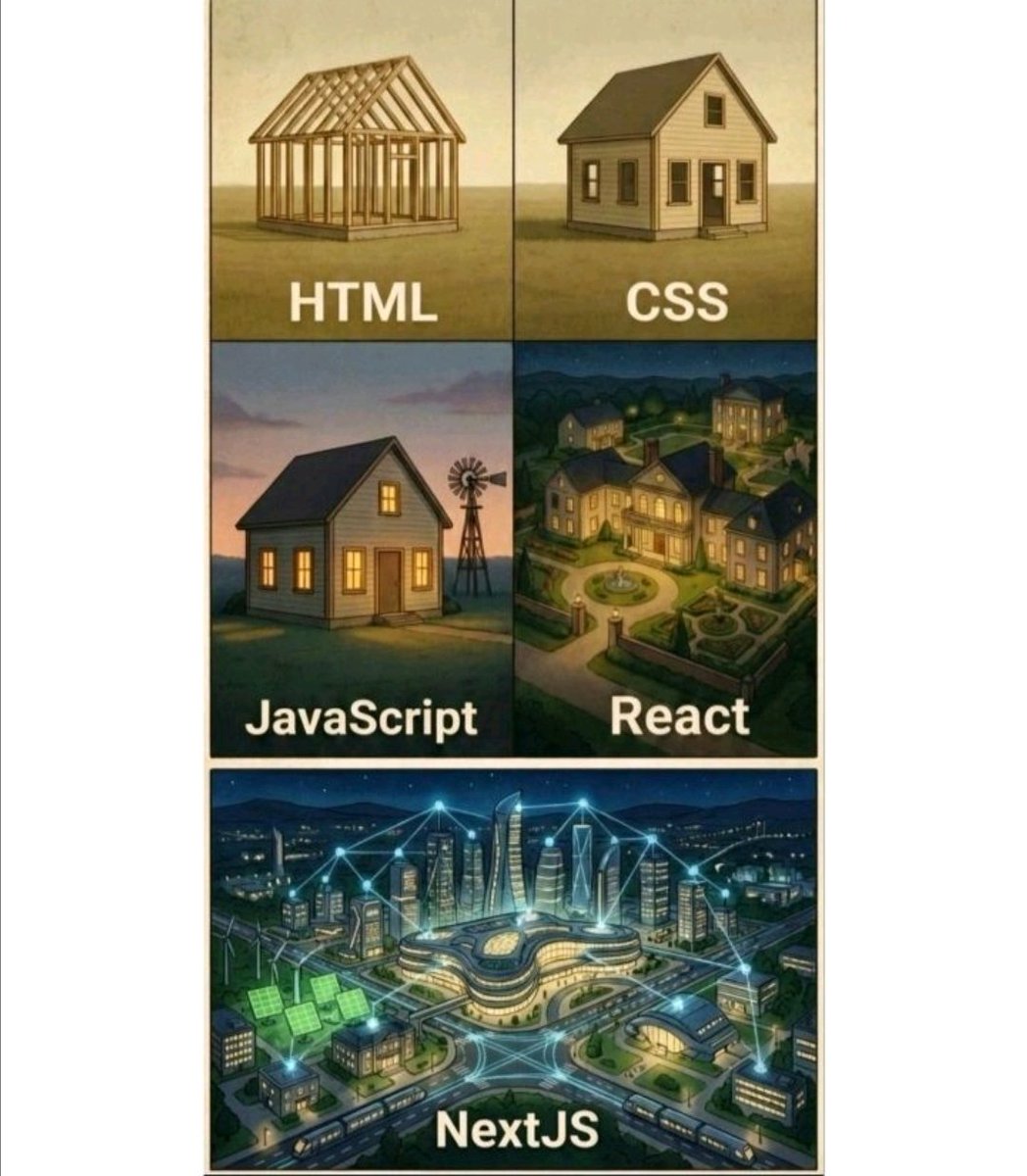 AJwillwin1312's tweet image. This image beautifully represents the evolution of modern web development.

​HTML lays the foundation, CSS adds design, JavaScript brings interactivity, React enables scalable UI, and Next.js powers full-scale, production-ready application