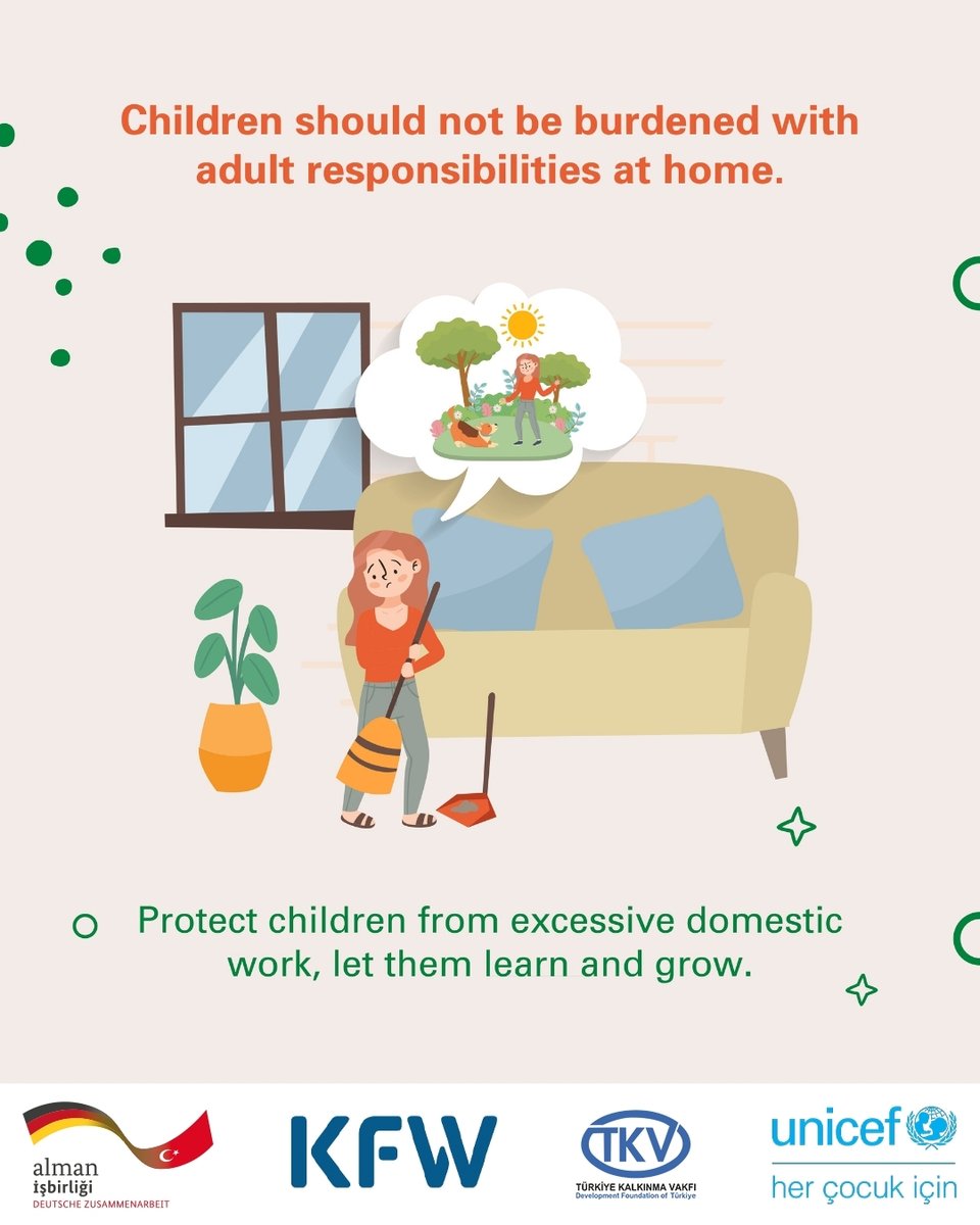 Çocuklara yetişkin sorumlulukları yüklenmemelidir.
Ev işleri paylaşılabilir; ama çocukluk devredilemez.

Çocukları ağır ev işlerinden koru!
Öğrenmelerine ve büyümelerine alan aç🩵
<a href="/unicefturk/">UNICEF Türkiye</a> <a href="/KfW/">KfW Bankengruppe</a> <a href="/BMZ_Bund/">Bundesentwicklungsministerium</a>