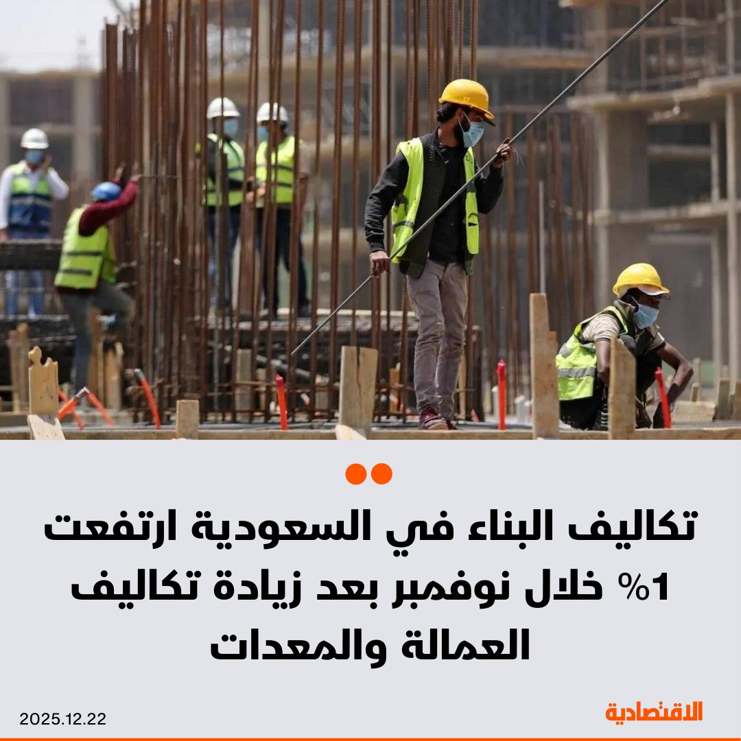 عاجل | تكاليف البناء في السعودية ارتفعت 1% خلال نوفمبر الماضي محافظة على وتيرة النمو ذاتها المسجلة في أكتوبر. البناء في القطاعين السكني وغير السكني سجلا نموا بنسبة 1% جراء ضغط ارتفاع تكاليف العمالة واستئجار المعدات 