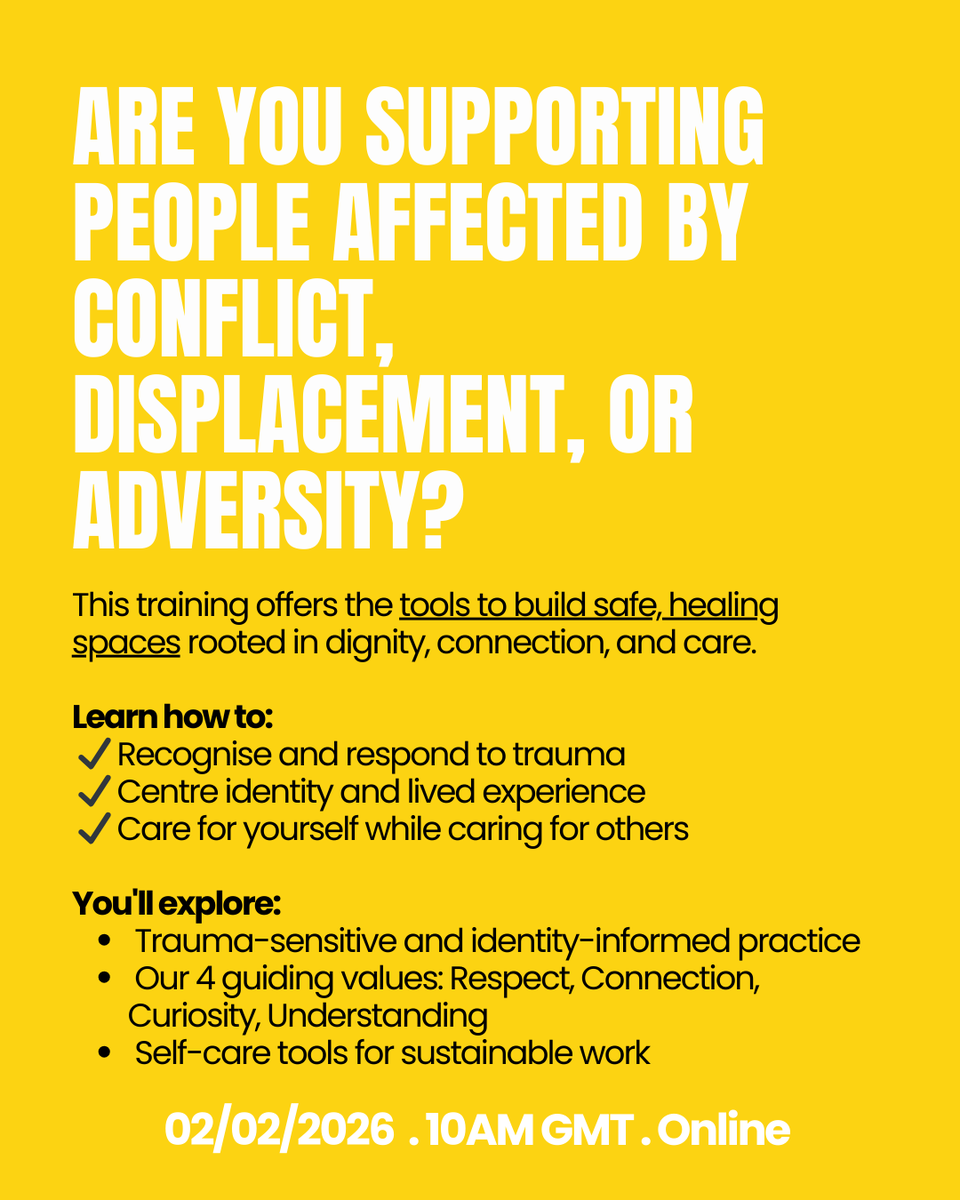 AmnaHealing's tweet photo. If you work on the frontline and want to deepen your practice without burning out, this training is for you. 💛

Core principles for establishing safe, healing environments

 2 February 2026
 10:00 am–1:00 pm GMT
 Online (Zoom)
 English

 Duration: 3 hours https://t.co/xsDBigngDX