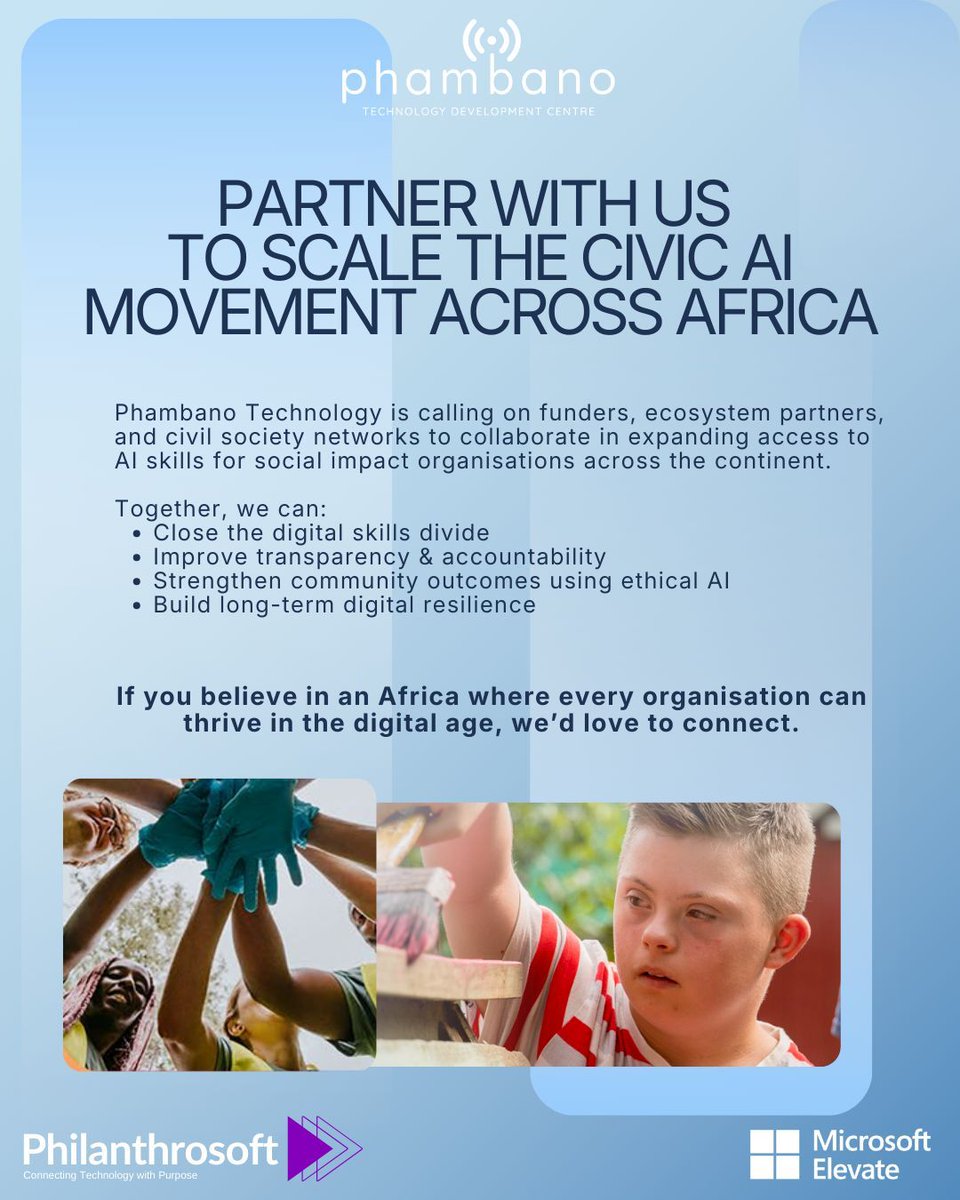 Partner with Phambano to advance Civic AI in Africa. We seek funders, partners, and networks to boost AI skills for social impact. Join us for Africa's digital future. 

Learn more: buff.ly/9tXbNT8 

#CivicAI #MicrosoftElevate #TechForGood #AIForNonprofits #PhambanoTech