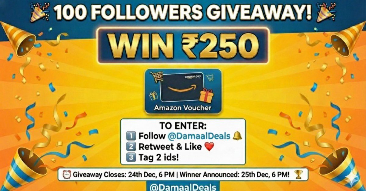 🚨 GIVEAWAY ALERT! 🚨

We hit 100 Followers! As promised, it's time to celebrate with a ₹250 Giveaway! 🥳💸

Participate now to be eligible for the lucky draw! 👇

#DamaalDeals #Giveaway #ContestAlert