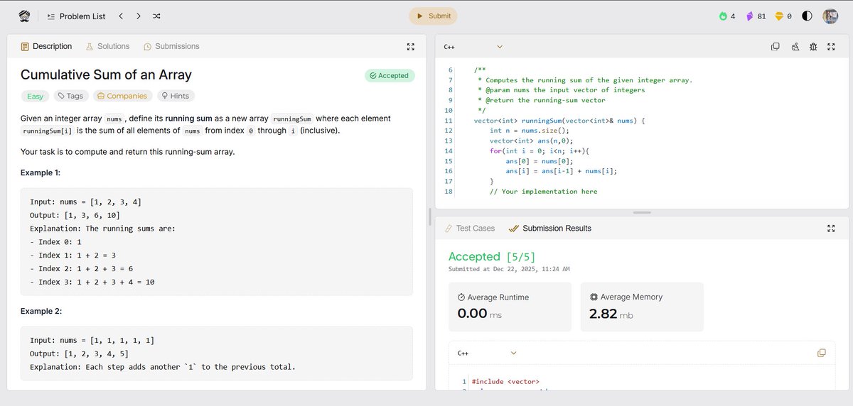 amansharma264's tweet image. 🎯 Solved POTD on Masterji App – Cumulative Sum of an Array

🔍 Problem:
Given an array of integers, return a new array where each element at index i is the cumulative sum of elements from index 0 to i.

🧠 Approach:
• Create a new array ans of the same size as the input array.…