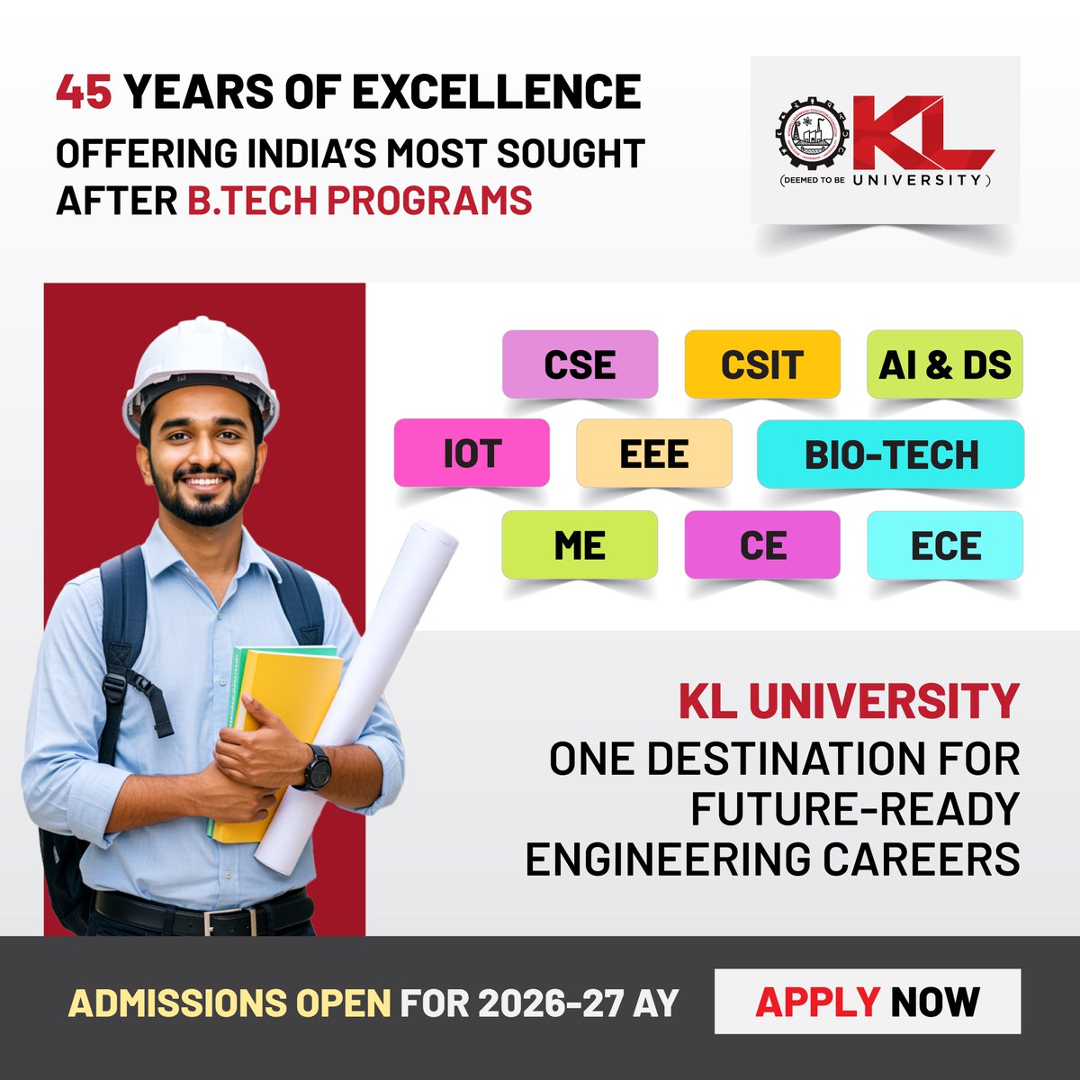 kluniversity's tweet image. Build your engineering future at KL University 🚀
Choose high-demand B.Tech programs—CSE, AI &amp;amp; DS, ECE, IoT, ME &amp;amp; CE—designed for industry-ready success.

Admissions Open 2026–27
👉 kluniversity.in/admissions/

#BTech #EngineeringCareers #KLUniversity #AdmissionsOpen