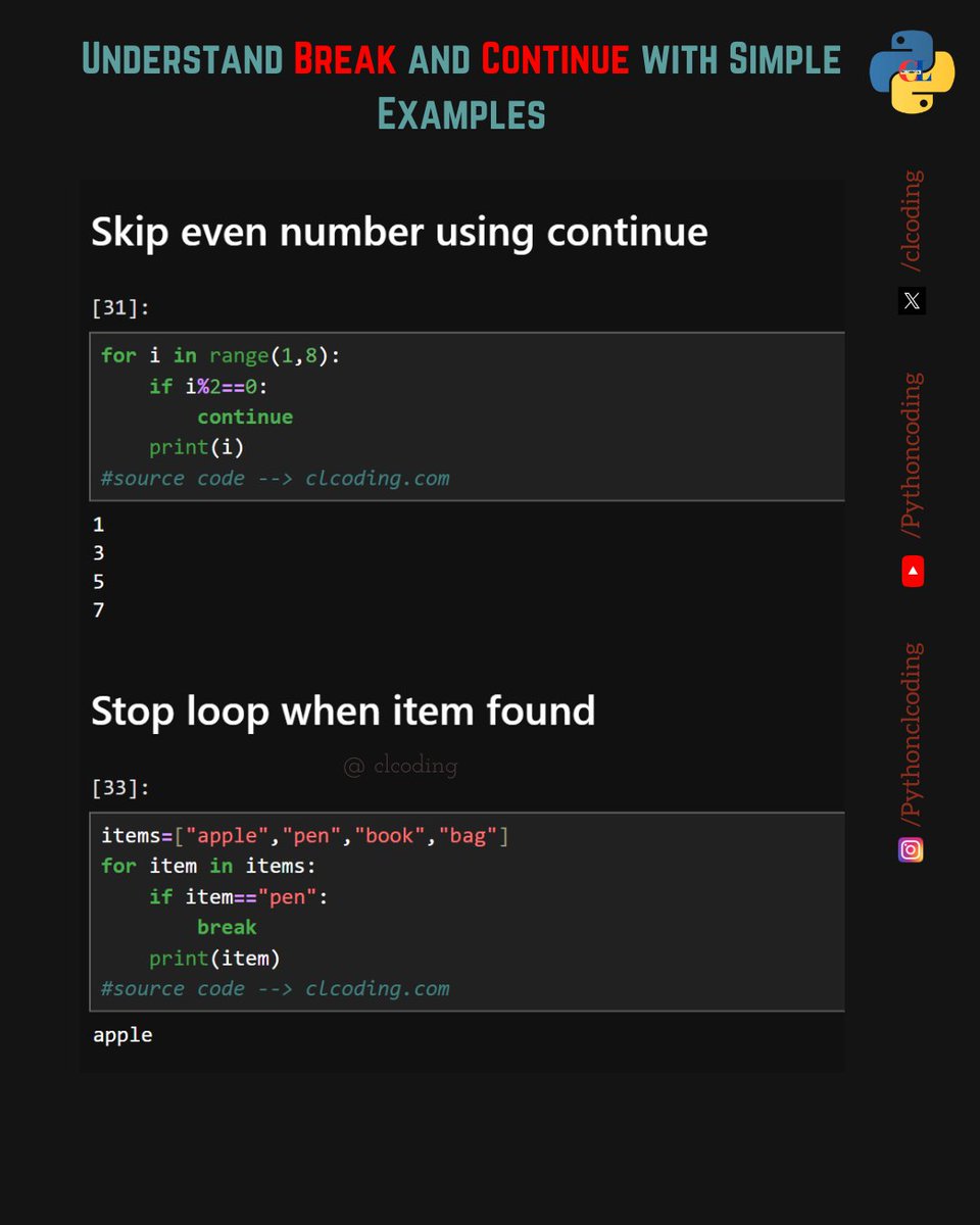 clcoding's tweet image. Understand Break and Continue with Simple Examples