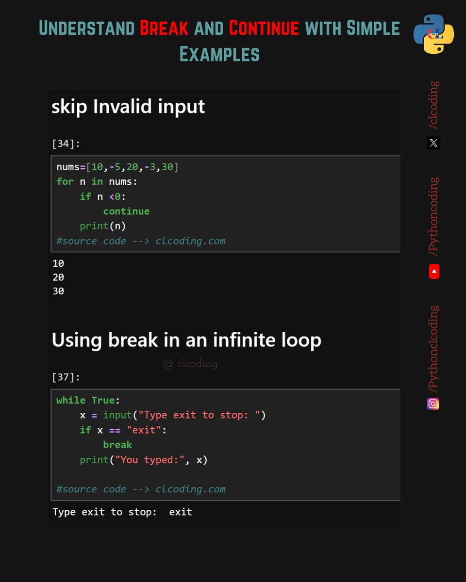 clcoding's tweet image. Understand Break and Continue with Simple Examples
