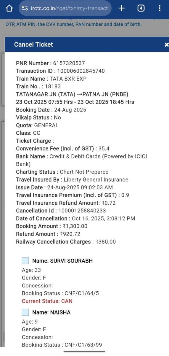 SanturSetu69298's tweet photo. @RailMinIndia  request to refund my amount, I have cancelled my ticket on 16th Oct'25 but stillI refund pending 
PNR - 6157320537
Refund amount - 920.72
Raised 3 tickets on irctc equery no response.
@IRCTCofficial @AshwiniVaishnaw @EasternRailway @RailwaySeva @Railmadad_DBG https://t.co/Y4Ljsarcri