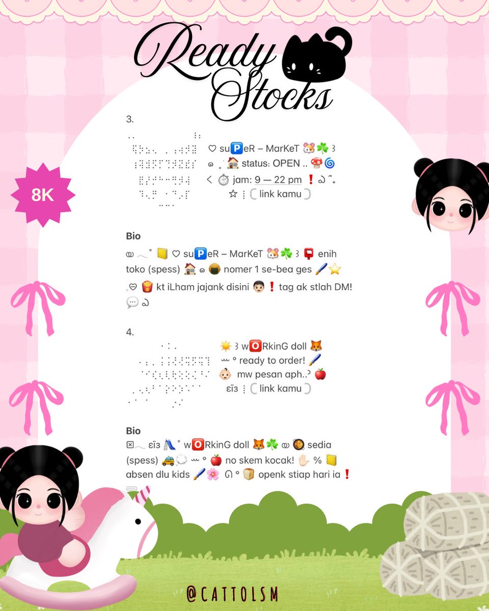 CATTOlSM's tweet image. ⣠ ︵  ♥︎  help repost?  tysm &amp;lt;3 ⭐️🎀  𓂅

◠  ⢸⠀ ada 6 bundle  wording  bio &amp;amp; pinned rs coming. . 🎶🍏  𓂃 . εїз   hanya  8K saja .ᐟ.ᐟ  &amp;gt;___%   💬👧🏻   ▷  mari  ketuk  DM  sekarang yaa. . ✋🏻 ₊˚𓂂

☆ —— alt for details! . . 🐈💧
# zonauang  %  # zonajajan  %  # zonaba