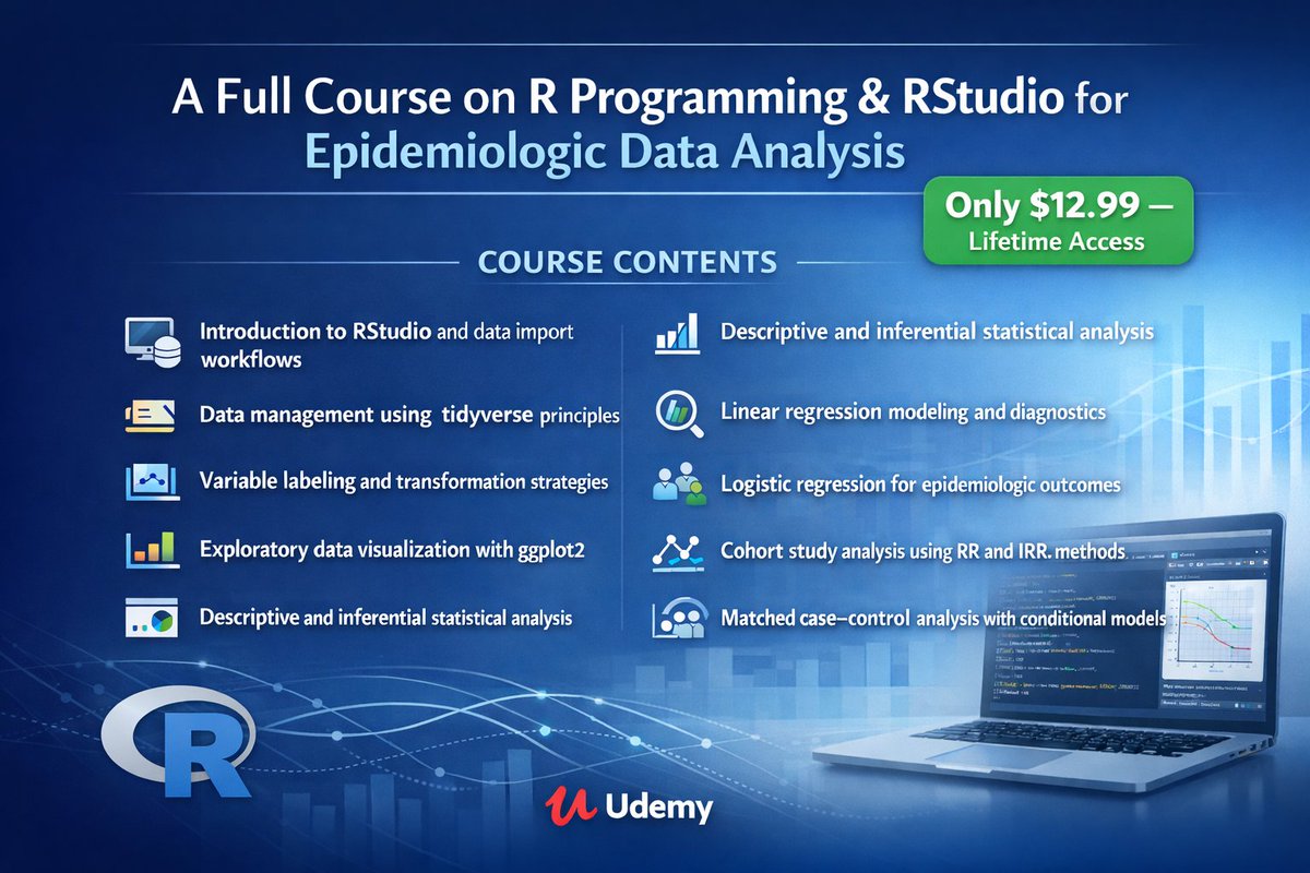 AhshanulMd16291's tweet image. 📊 New Udemy Course: R Programming &amp;amp; RStudio for Epidemiologic Data Analysis

#RProgramming #Epidemiology #PublicHealth #Biostatistics #DataAnalysis #Udemy

udemy.com/course/rstudio…