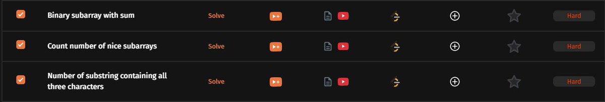 amansharma264's tweet image. ✅ Completed Sliding Window &amp;amp; Two Pointers (Combined) problems of #TUFWinterArc with @takeUforward_  (Striver Sir) 🚀

📘 Problems Covered:

Binary Subarrays With Sum - Hard

Count Number of Nice Subarrays - Hard

Number of Substrings Containing All Three Characters - Hard

🔥…