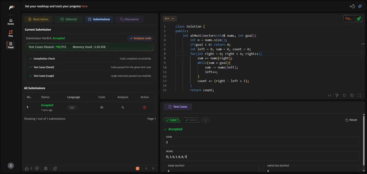 amansharma264's tweet image. ✅ Completed Sliding Window &amp;amp; Two Pointers (Combined) problems of #TUFWinterArc with @takeUforward_  (Striver Sir) 🚀

📘 Problems Covered:

Binary Subarrays With Sum - Hard

Count Number of Nice Subarrays - Hard

Number of Substrings Containing All Three Characters - Hard

🔥…