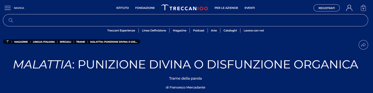 Su <a href="/Treccani/">Treccani</a>, 𝐌𝐚𝐥𝐚𝐭𝐭𝐢𝐚: 𝐩𝐮𝐧𝐢𝐳𝐢𝐨𝐧𝐞 𝐝𝐢𝐯𝐢𝐧𝐚 𝐨 𝐝𝐢𝐬𝐟𝐮𝐧𝐳𝐢𝐨𝐧𝐞 𝐨𝐫𝐠𝐚𝐧𝐢𝐜𝐚?

La voce romanza 𝑚𝑎𝑙𝑎𝑡𝑖𝑎, pur derivando dal latino ed essendo presente nel latino tardo, non è attestata nel latino classico...

treccani.it/magazine/lingu…