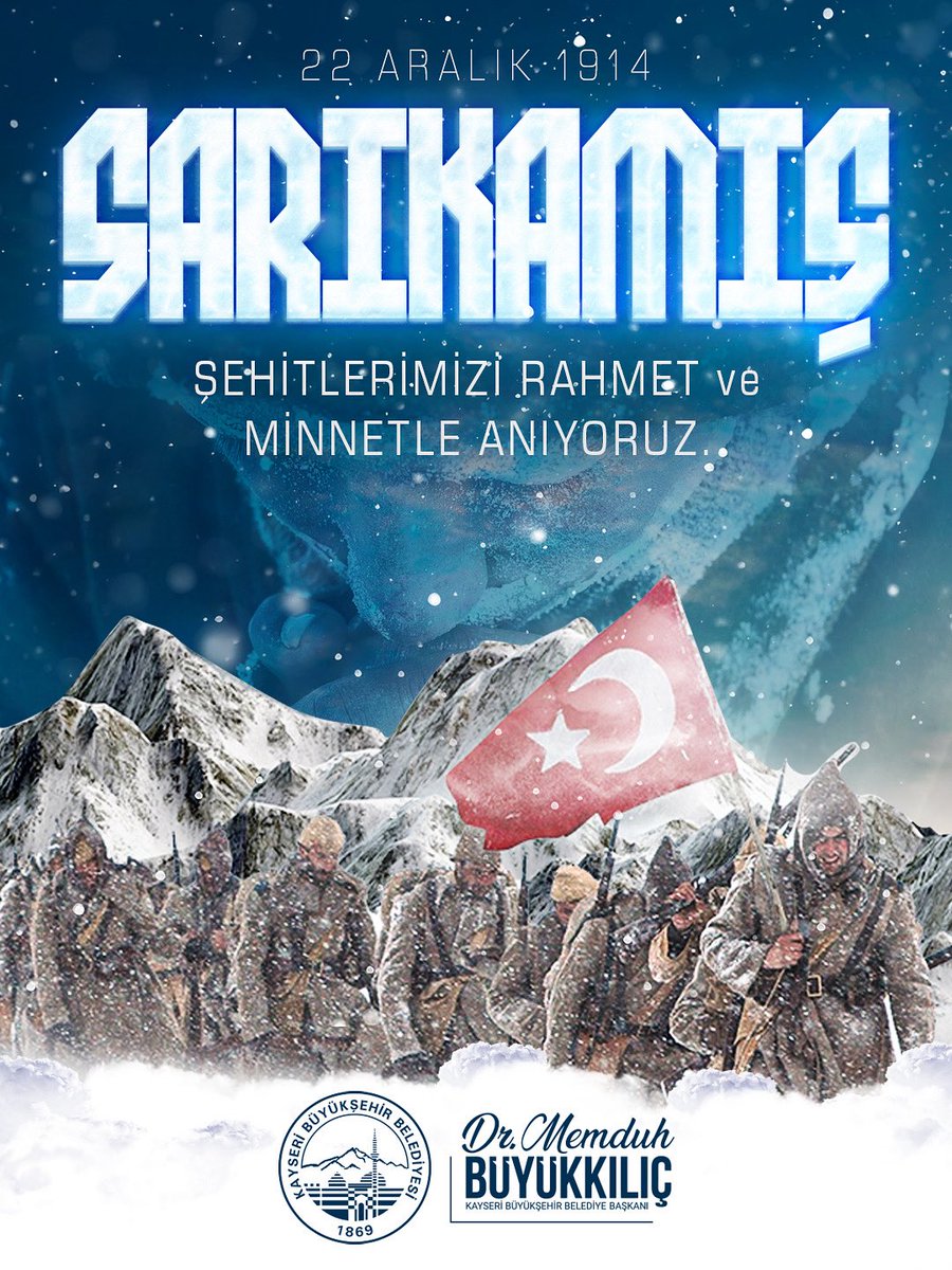 Sarıkamış’ta, dondurucu soğuğa rağmen vatanı için gözünü kırpmadan yürüyen, kefeni kar olan aziz ecdadımızı rahmet, minnet ve dualarla anıyorum. 🇹🇷

Ruhları şad, mekanları cennet olsun. 🤲