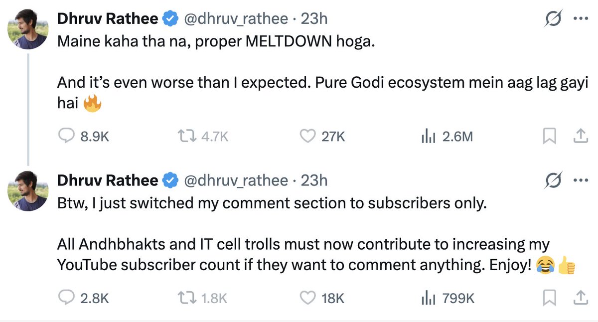 RitikaChandola's tweet image. Propaganda ka 14 Dhruv Rathee selectively presents facts to push a particular narrative in every video, he did same in the latest video.
 
He can't deal with a single criticism and cries about freedom of Speech घोड़ू राठी 🤡