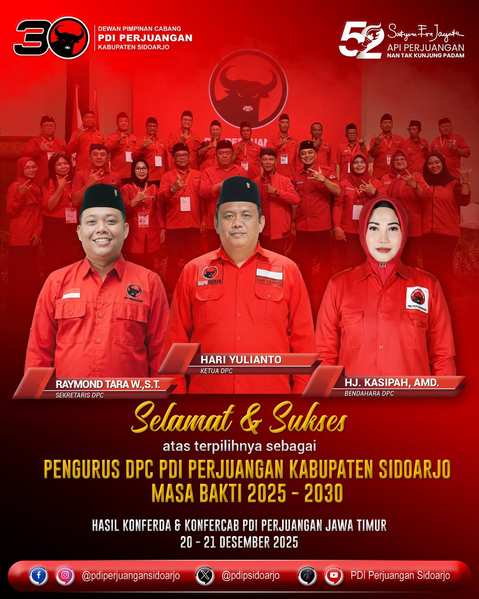 Selamat dan Sukses atas terpilihnya Pengurus DPC PDI Perjuangan Kabupaten Sidoarjo periode 2025 - 2030 dalam Koferda &amp; Konfercab PDI Perjuangan Jawa Timur 20 - 21 Desember 2025.
.
#PDIPerjuangan
#pdiperjuanganjatim
#pdiperjuangansidoarjo
#SatyamEvaJayate
#SolidBergerak