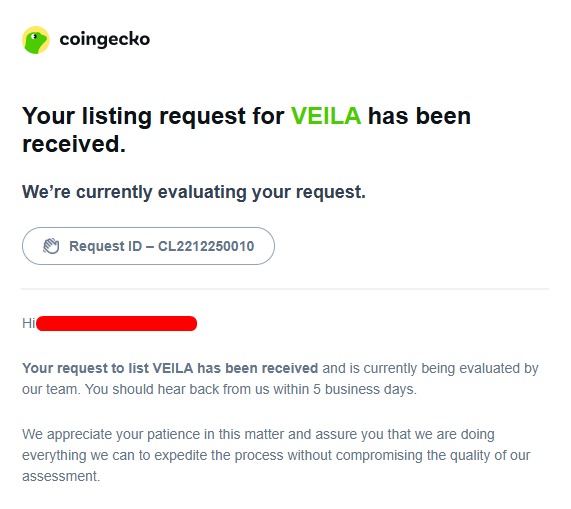 $VEILA is now under review for listing on CoinGecko! 🦎

#VEILA #VEILANetwork #StructuralPrivacy #PrivateAI #DecentralizedAI #TrustByArchitecture #BuiltToProtect #Solana #pumpfun #DeFi #Dexscreener