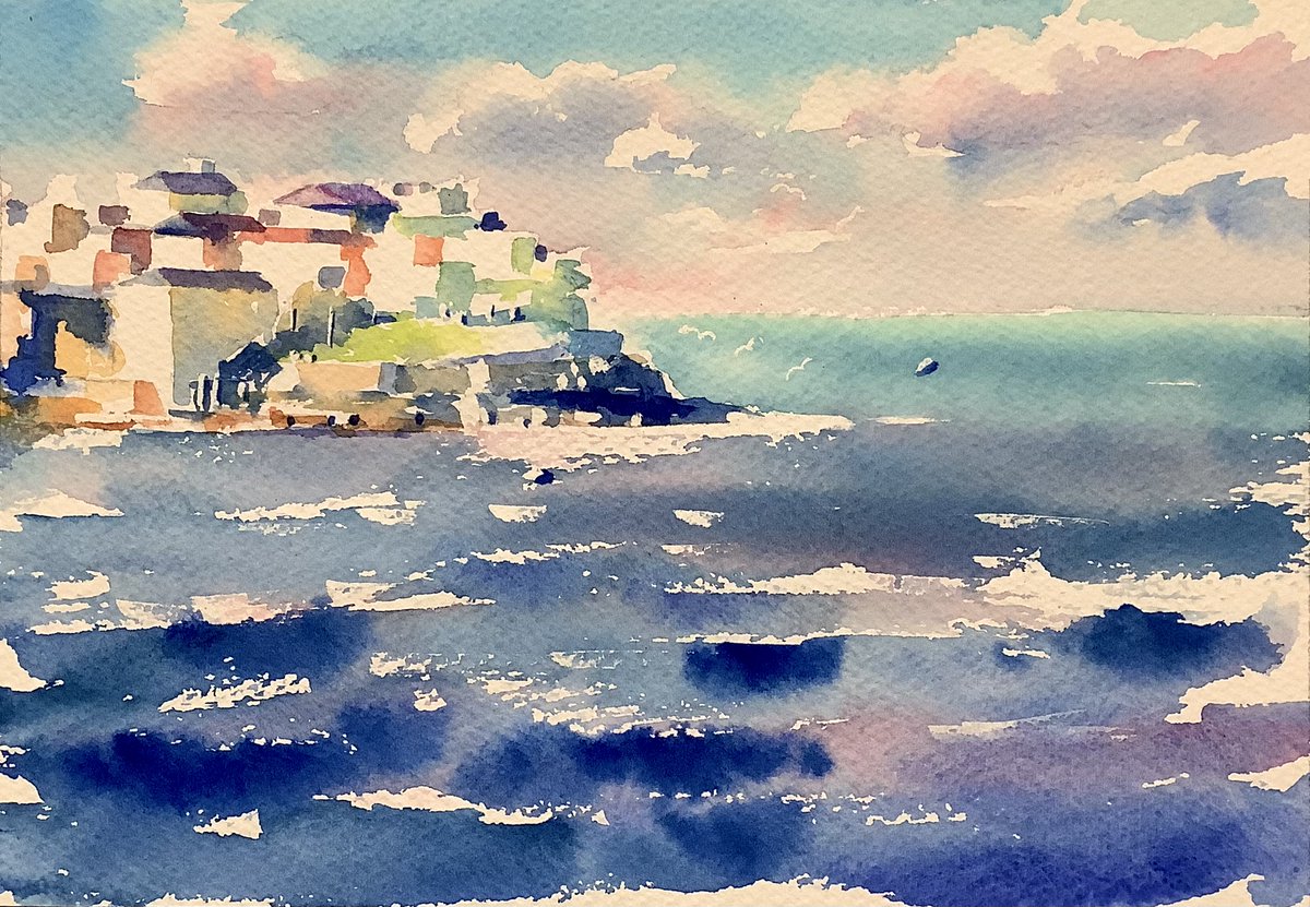 水彩画[題名なし] 海辺の街 久しぶりにホワイトアイビスを使ってみた… やっぱ色が沈むん