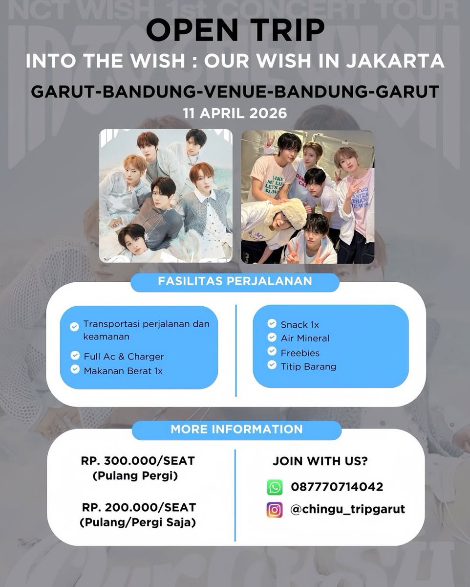 ergasohn's tweet photo. TRIP KONSER INTO THE WISH : OUR WISH IN JAKARTA ✨
💸 Biaya per orang:
🔁 PP (Pulang-Pergi): Rp. 300.000,-
➡️ Sekali Jalan (Pergi atau Pulang): Rp. 200.000,-
#TripKpop #KonserJakarta #garutbandungtrip #nctwish #INTOTHEWISH #intothewishjakarta https://t.co/TuEXOI47nq