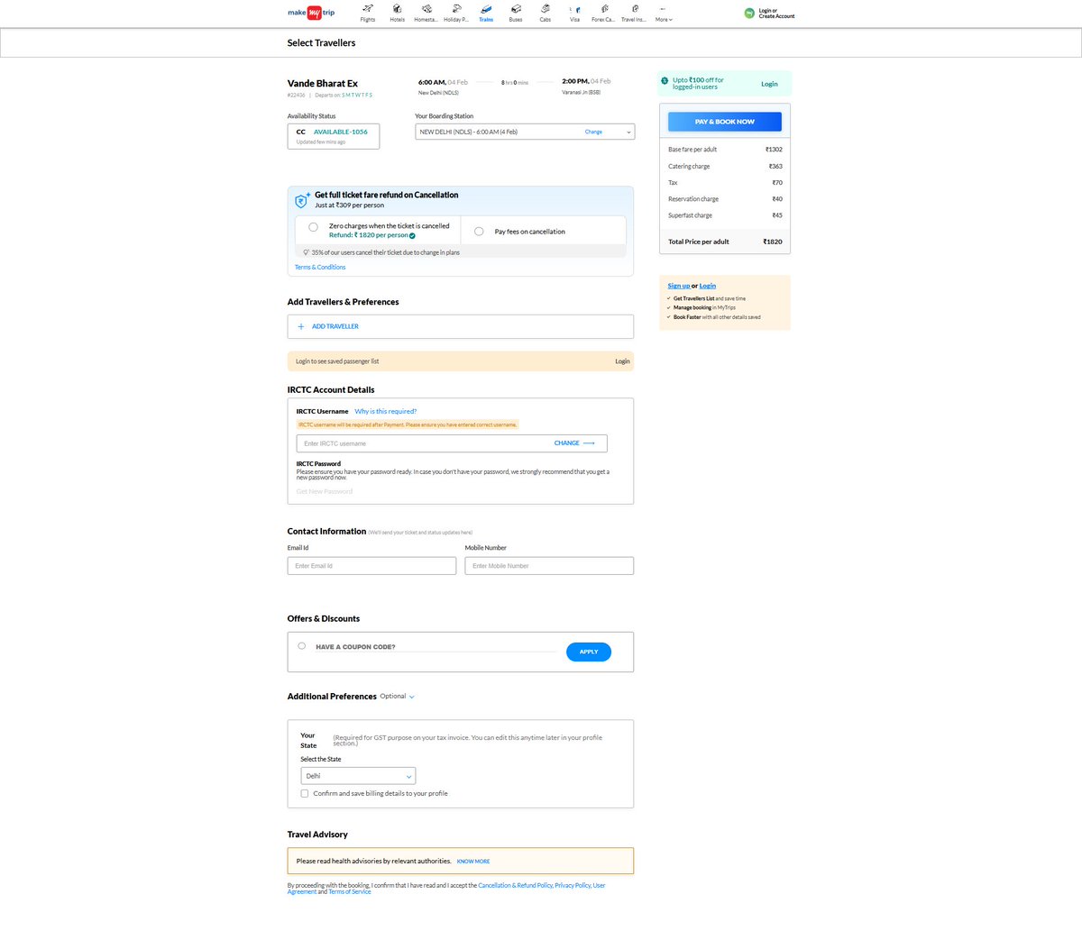random_bacha's tweet image. Hi @makemytripcare,
While booking the train ticket, I can't able to find the Travel Insurance Option to opt in. Can you please help me with this?
CC @makemytrip