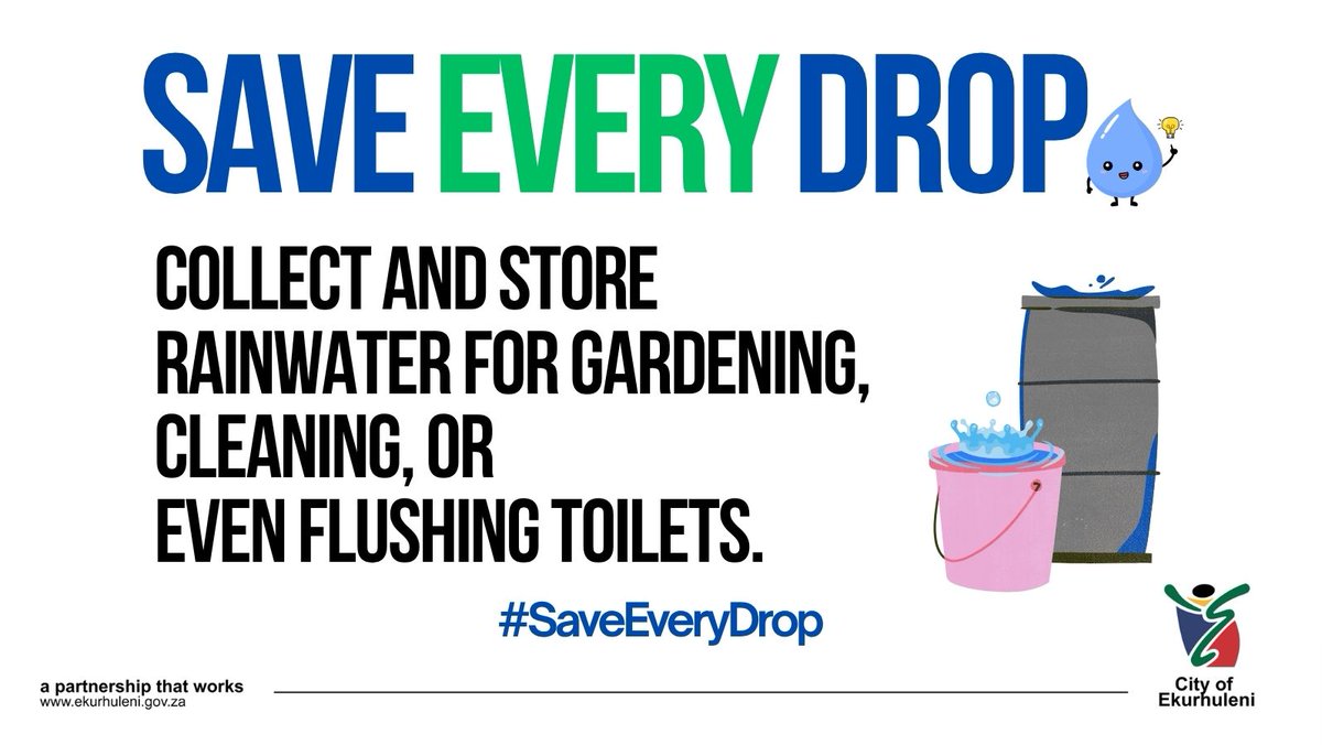 City_Ekurhuleni's tweet photo. Good Morning Ekurhuleni!
🌧More rain is in store this week so why not take advantage of it?
- Collect it > Store it > Use it later -
Use rainwater in the 🪴garden, to wash🚘 your car,🪣 cleaning, filling the🏊♂️ pool ... and much more!
#RainwaterHarvesting #SaveEveryDrop https://t.co/Wf5x2ai3X8