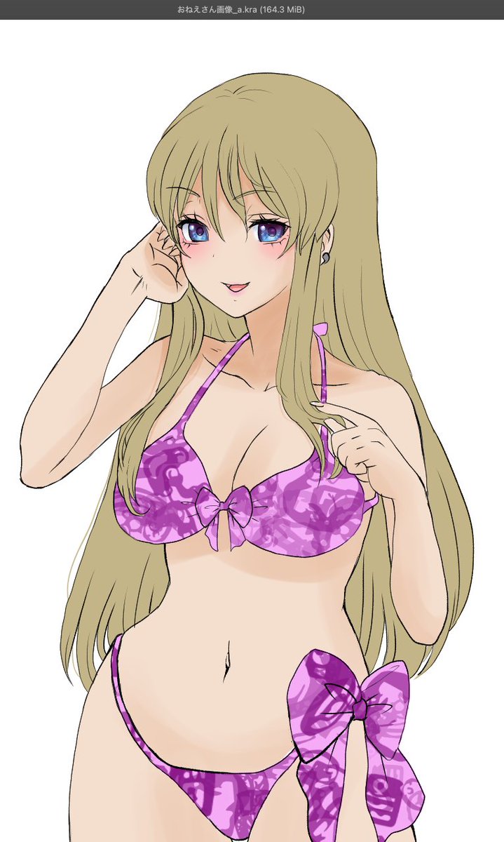 水着の柄はKritaの変なブラシを適当にぐりぐり動かしただけです。 