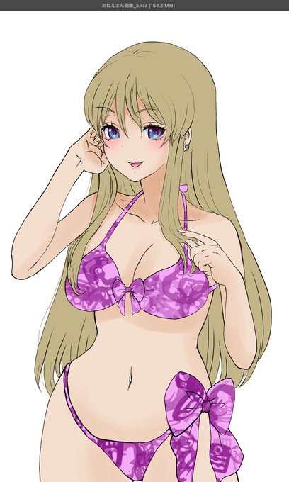 水着の柄はKritaの変なブラシを適当にぐりぐり動かしただけです。 