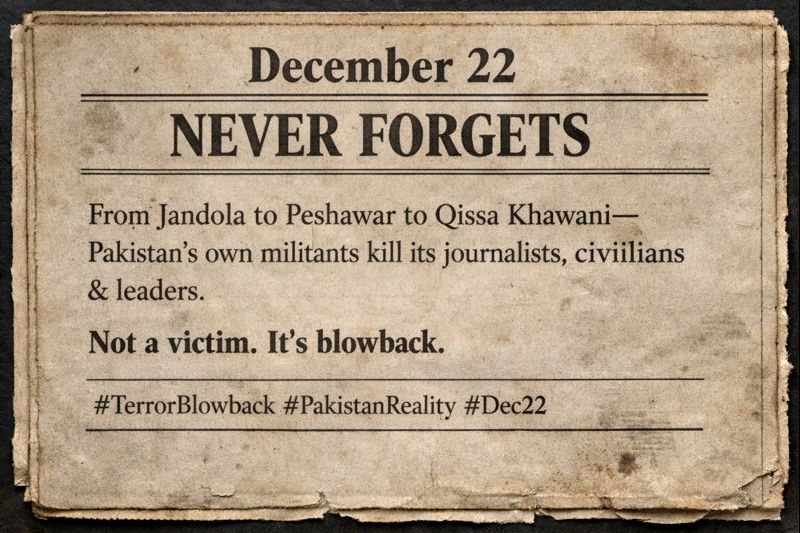 zara650415's tweet image. Dec 22 never forgets.
From Jandola to Peshawar to Qissa Khawani—Pakistan’s own militants kill its journalists, civilians &amp;amp; leaders.
Not a victim. It’s blowback.
#TerrorBlowback #PakistanReality #Dec22 #winOnePlus15R #sstvi #StarAcademy2025 #sabcnews #RashmikaMandanna