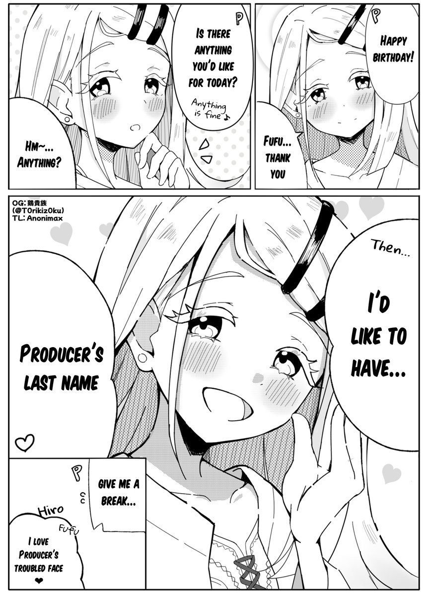 Some are too confident saying they'd do "Anything" as a gift.

Caption: "1-page manga for Hiro's birthday"
#学マス #篠澤広 #篠澤広生誕祭2025 #ImasTranslations