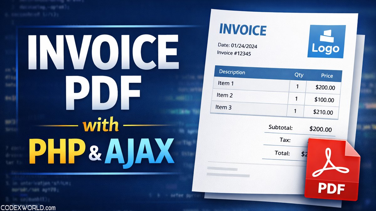 codexworldweb's tweet photo. Learn how to build a dynamic invoice PDF generator in PHP using AJAX — no page reload required!
👉 Tutorial + Source Code: https://t.co/N9e0a5i2UA https://t.co/X1Cn4WeuKs