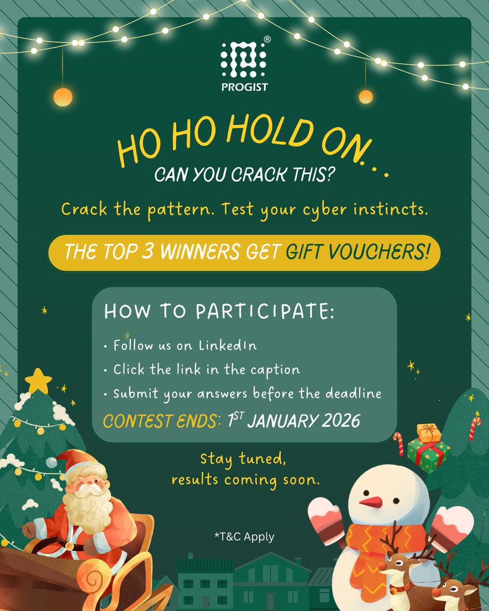_Progist_'s tweet image. Ho ho hold on… 🎅🎄
This Christmas, we’re matching more than ornaments. Test your cyber instincts and spot the pattern!

🏆 Top 3 winners get gift vouchers  
⏳ Contest ends 1st January 2026  
👉 Click to play: prolms.progist.net/api/served/gam… 

#CyberSecurity #FestiveChallenge #Progist