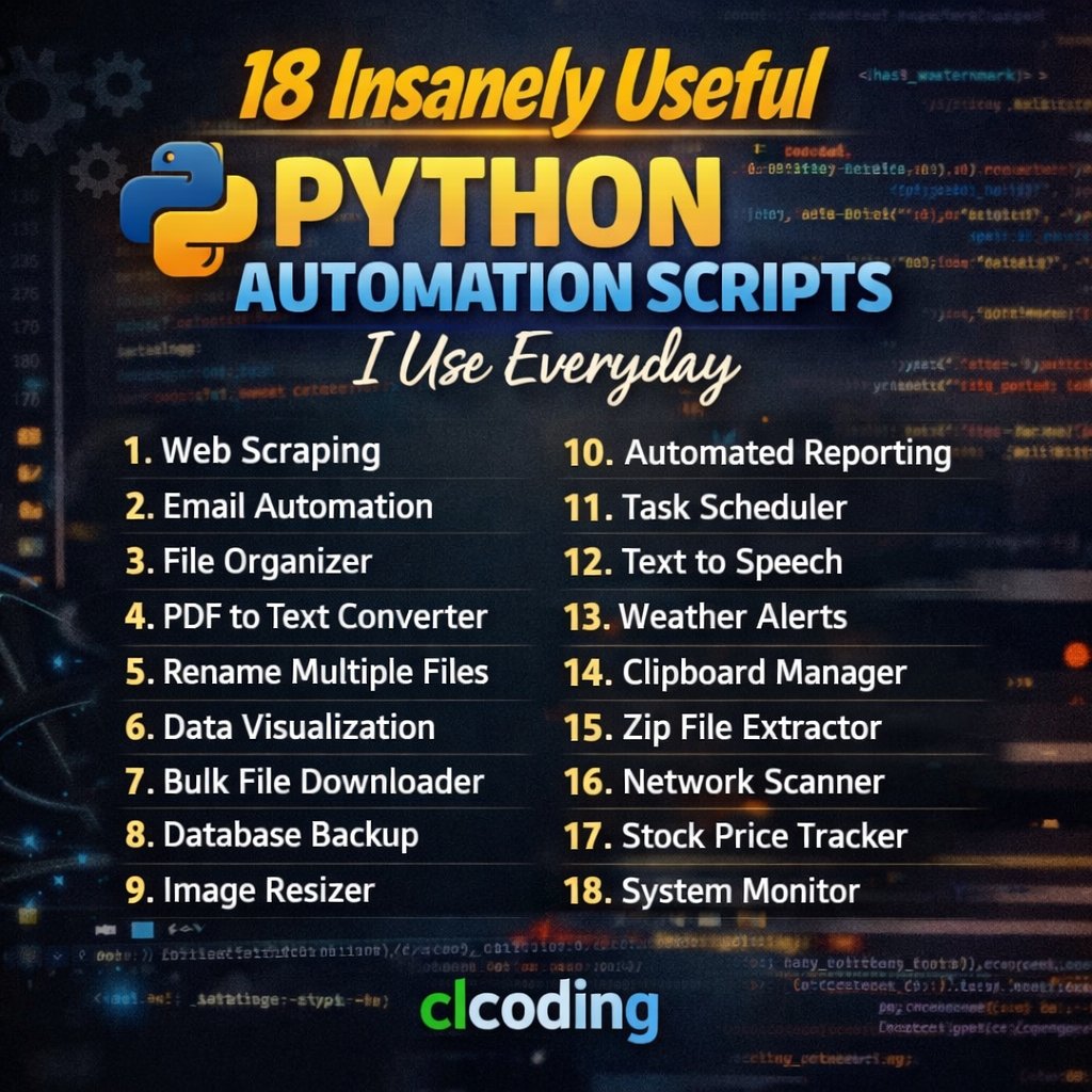 clcoding's tweet image. 18 Insanely Useful Python Automation Scripts I Use Everyday

clcoding.com/2025/02/18-ins…
