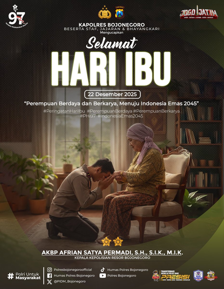 Kapolres Bojonegoro Beserta Staf, Jajaran &amp; Bhayangkari Mengucapkan Selamat Hari Hari Ibu
"Perempyan zberdaya dan Berkarya, Menuju Indonesia Enas 2045"

@divisihumaspolri
<a href="/spripim/">spripim_kepri</a>.polri
@humaspoldajatim
<a href="/gegana_id/">GelisahGalauMerana</a>

#netralitaspolri
#PresisiUntukIndonesia
#HumanisTegakkanHukum