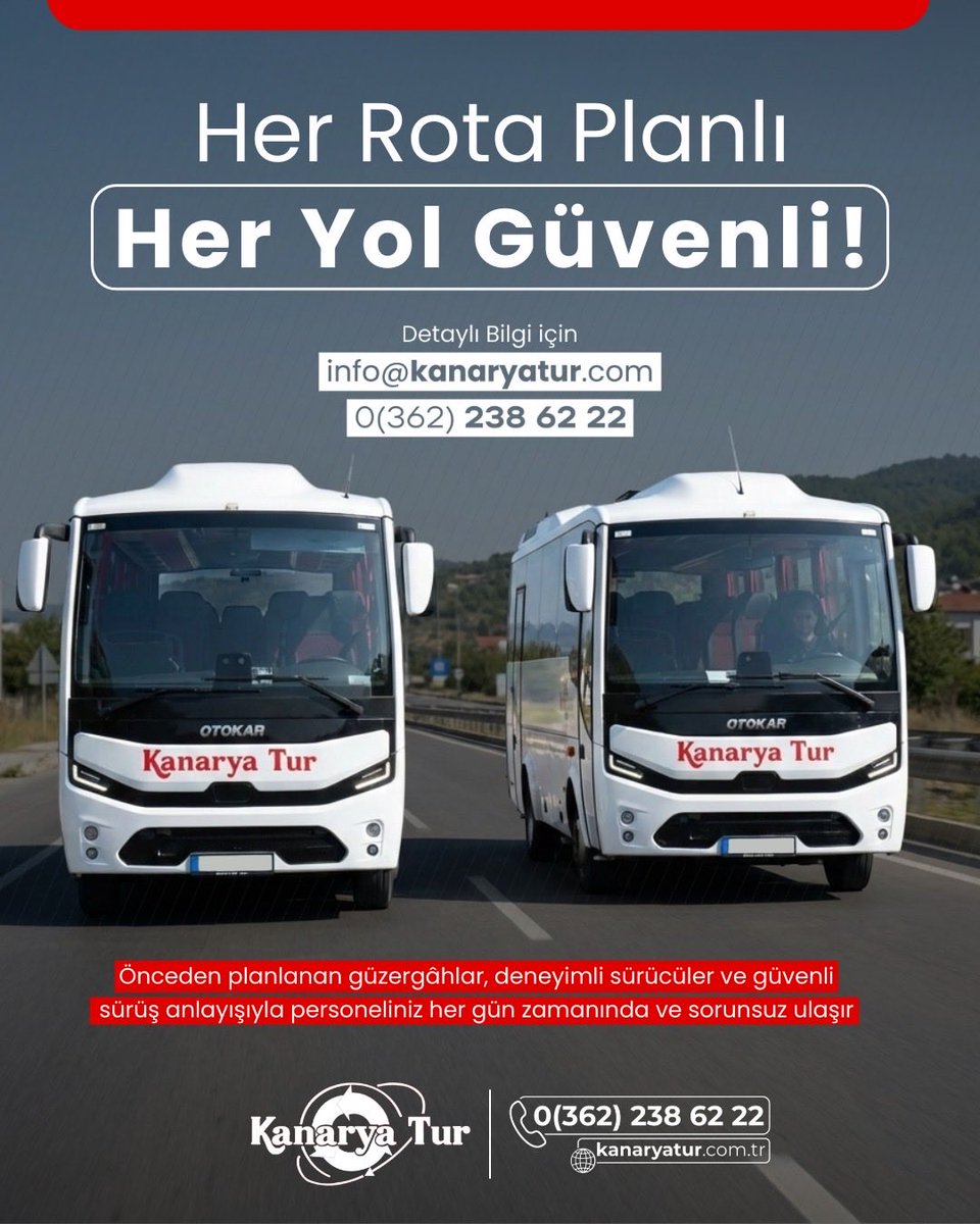Kanarya_Tur's tweet photo. Her rota planlı, her yol güvenli 🚐
Kanarya Tur Personel Servisi ile çalışanlarınız her gün zamanında ve sorunsuz ulaşır.

📞 0 (362) 238 62 22
📧 info@kanaryatur.com

#PersonelServisi #KurumsalTaşımacılık #GüvenliUlaşım #KanaryaTur https://t.co/iDGrd978Mb