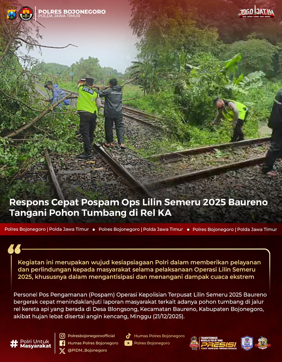 Respons Cepat Pospam Ops Lilin Semeru 2025 Boureno Tangani Pohon Tumbang di Rel KA

@divisihumaspolri
<a href="/spripim/">spripim_kepri</a>.polri
@humaspoldajatim
<a href="/gegana_id/">GelisahGalauMerana</a>

#netralitaspolri
#PresisiUntukIndonesia
#HumanisTegakkanHukum
#PolresBojonegoro
#PoldaJawaTimur