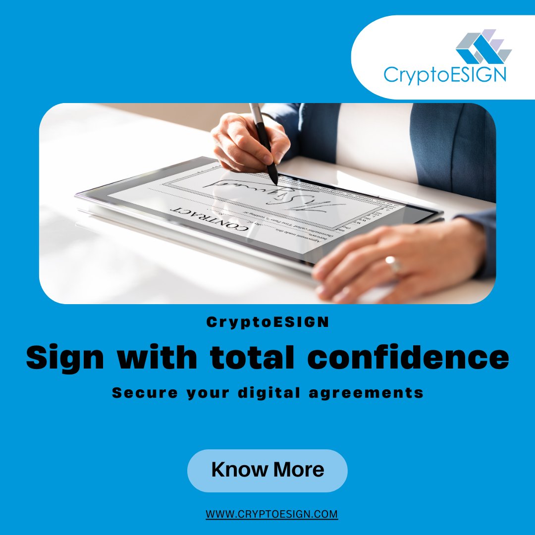 CryptoESIGN_'s tweet image. Sign with total confidence using Cryptoesign, where every digital agreement is protected with advanced security and seamless verification.
cryptoesign.com
#DigitalSignature #digitalsignatures #SecureSigning #PaperlessBusiness #DigitalAgreements #CyberSecurity #LegalTech