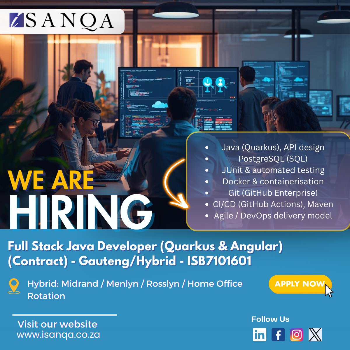 iSanqaJobs's tweet image. 🚨New Job Alert!

iSanqa | Full Stack Java Developer (Quarkus &amp;amp; Angular) (Contract) - Gauteng/Hybrid - ISB7101601

📍 Hybrid
 📅Start: Sept 2026

Apply now 👉🔗tinyurl.com/4cjd5kf9

#JavaDeveloper #FullStack #DevOps #isanqa #FuelledByPassionIntegrityExcellence