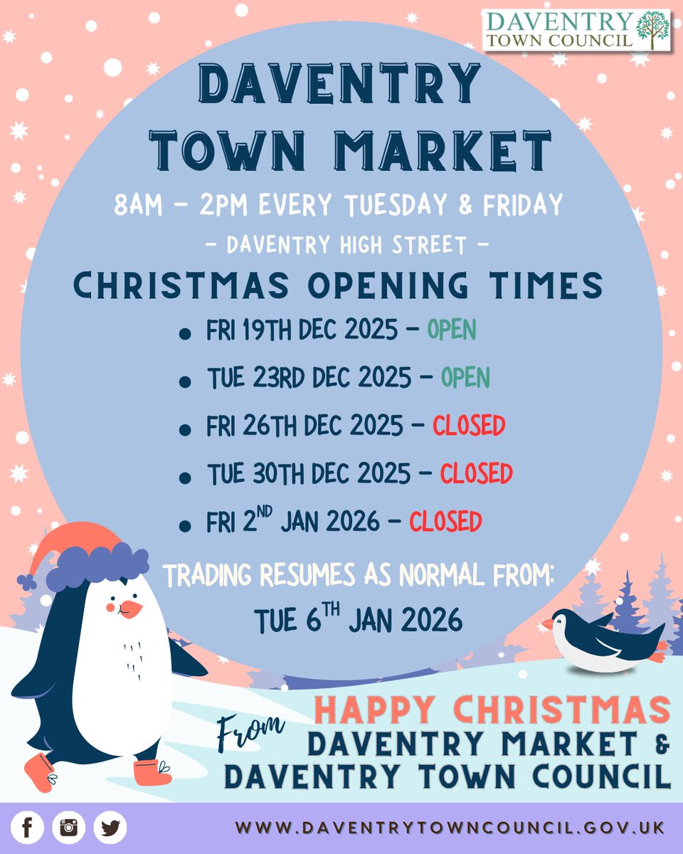 🎄 Daventry Town Market – Last Day Before Christmas! 🎄
Final open day: TOMORROW, Tue 23 Dec, 8am–2pm. Grab any last-minute festive goodies before we reopen on Tue 6 Jan 2026. 🛍✨