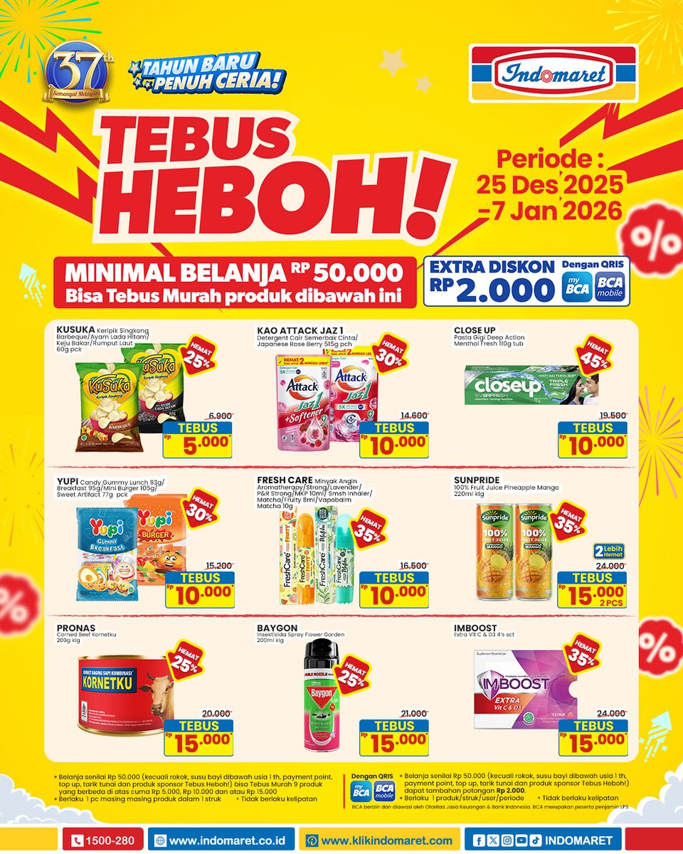 ✨ TEBUS HEBOH! di Indomaret 🤩🥳
Periode : 25 DES 2025 - 7 JAN 2026

Belanja kebutuhan sehari-hari makin asyik kalo ada produk tebus murahnya mulai dari Rp5.000 aja lho, Sobat😎
Yuk langsung belanja ke Indomaret terdekat!
*S&amp;K berlaku
.
#indomaret #IndomaretBanyakPromosinya
