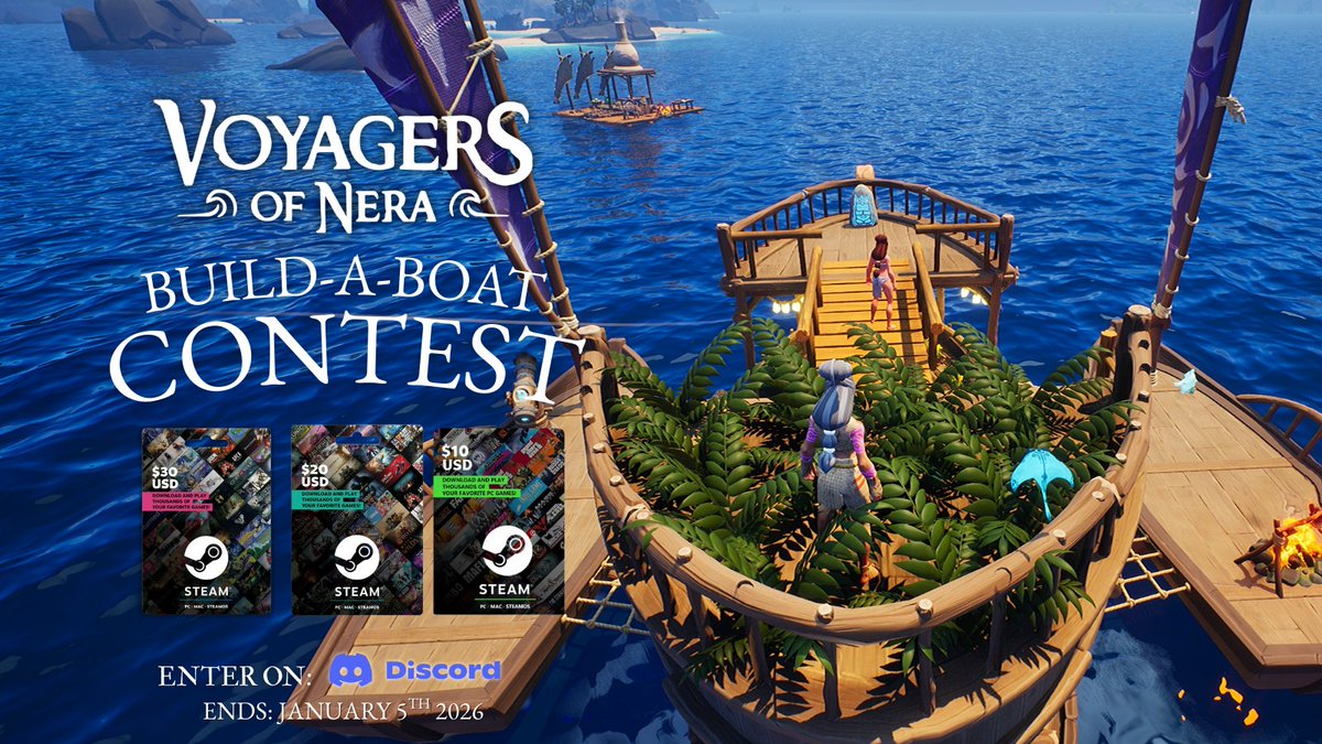 VoyagersofNera's tweet image. 📢 Show us your best boat build! ⛵️

Join our Build-A-Boat Contest! Enter on discord.gg/VoyagersOfNera and submit your boat for a chance to win a $30 Steam Gift Card 🌊✨