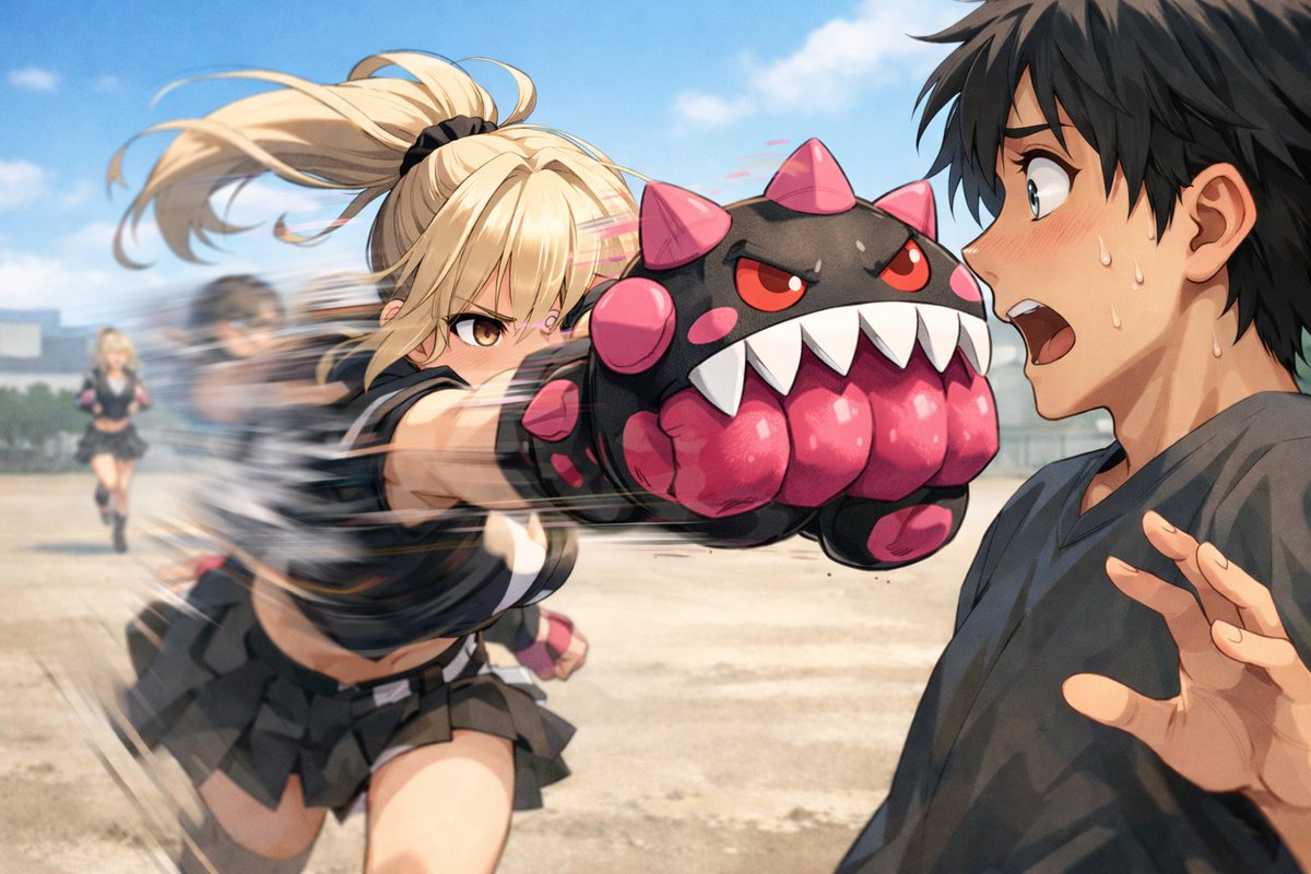 プロンプト例： ファンタジーの女性騎士、スミア化で超音速パンチの瞬間