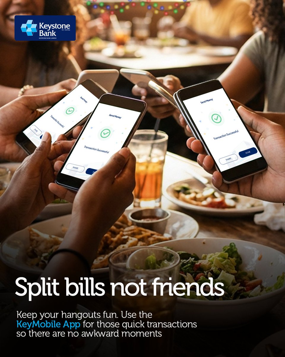 keystonebankng's tweet photo. Friends first this December please. Bill splitting should never take time, not on our watch! So go ahead, and let’s move to the next spot. 

Download the KeyMobile App from the Google Play Store and Apple App Store now!

#KeyMobile
#MakeItHappen 
#KeystoneBank https://t.co/EonfulRGAG