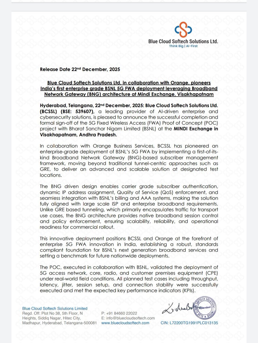 subrata_minu's tweet image. Blue Cloud Softech

22-Dec-2025: BCSSL with Orange completed BSNL 5G FWA POC at Mindi Exchange; BSNL signed off; commercial rollout ready.

#BlueCloudSoftech
#Investor #Niftycrash #OptionsTreding #Investing #Breaking #Nifty #BreakingNews
