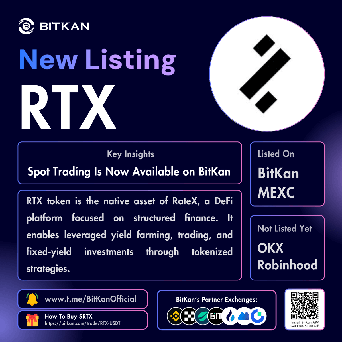🔥 New Listing: @RateX_Dex #RTX spot trading pair is now available for  trade on BitKan Crypto Exchange $RTX Spot Trading Pair:  https://t.co/p8KwA6AWa9 Official #BitKan Announcement  https://t.co/bD1WXzm8ZQ Free $100 New User Sign-Up Gift: