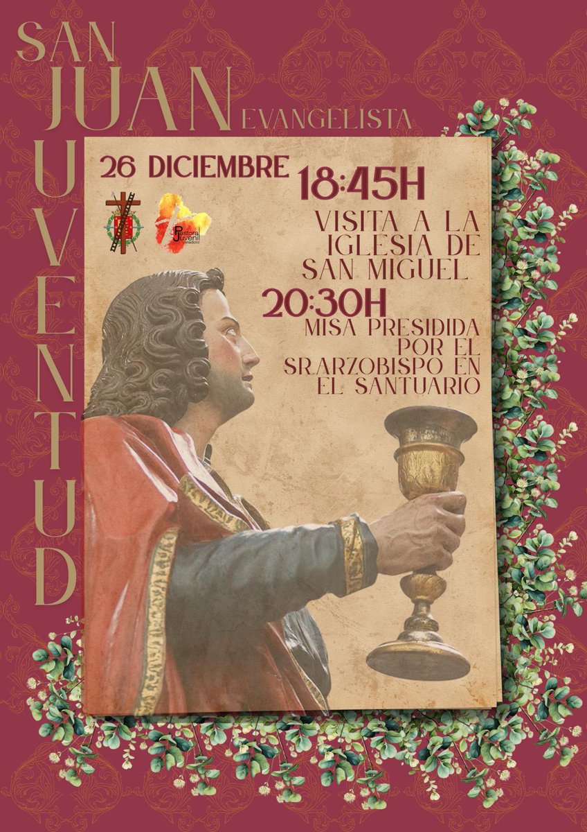 👋 ¡Ey, JOVEN COFRADE!

La <a href="/jcssvall/">Junta de Cofradías de Semana Santa</a> y <a href="/pastjuva/">P.Juvenil Valladolid</a> te invitan a celebrar a TU patrón junto a otros jóvenes cofrades el 26 de diciembre

A las 18:45h., visita a la Iglesia de San Miguel 📍 y, a las 20:30h., Misa 🙌 en la Basílica-Santuario Nacional de la Gran Promesa