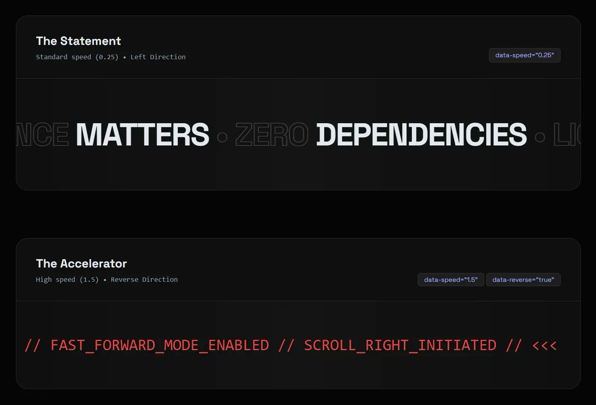 jqueryscript's tweet image. marquee6k: A smooth, vanilla JS library for infinite text scrolling. 🚀

👉 cssscript.com/smooth-infinit…

Features:
✅ ~3kb &amp;amp; No dependencies
✅ GPU-accelerated performance
✅ Pause on hover
✅ Responsive &amp;amp; Touch-friendly

Perfect for news tickers and logo carousels.