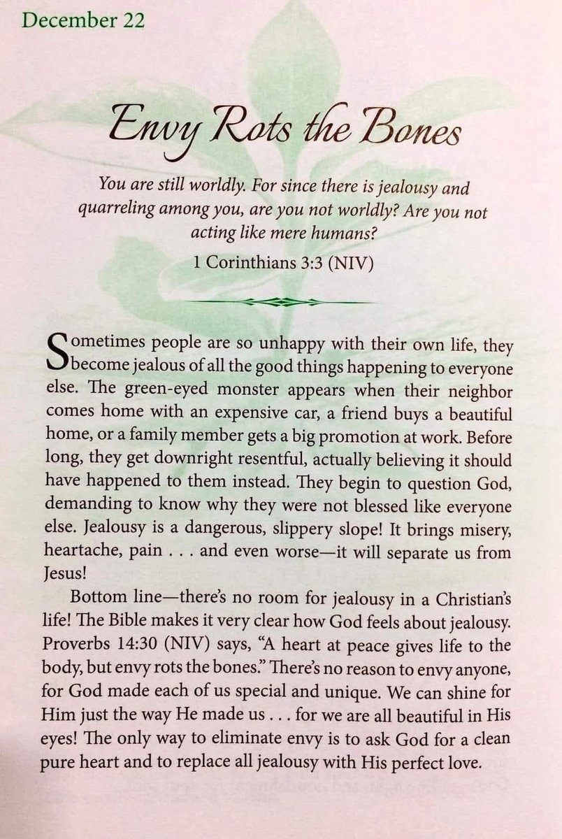 Godwakeupcall's tweet image. December 22
ENVY ROTS THE BONES

#KeyText: 1 Corinthians 3:3
#By: Brenda Walsh 
#OneMinuteDailyDevotional
